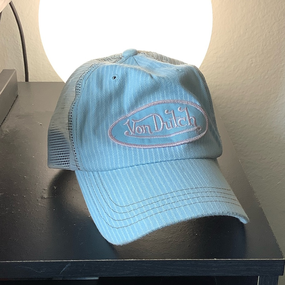 Von Dutch Light Blue Stripe Mesh Vintage Y2K Trucker Snapback Cap Hat